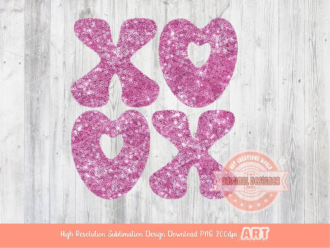 Xoxo Pink Sequin PNG, Original Glitter Glam sparkle Pink Heart Valentines Day Png Sublimation & DTF Print Valentine T shirt Design Download