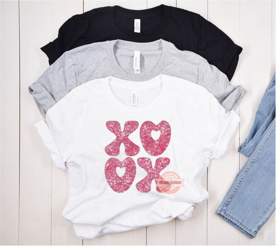 Xoxo Rose Pink Sequin PNG, Original Glitter Glam sparkle Heart Valentines Day Png Sublimation & DTF Print Valentine T shirt Design Download
