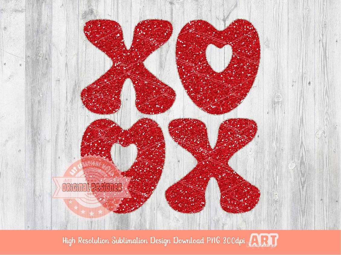 Xoxo Red Glitter PNG, Original Glam sparkle Heart Love Valentines Day Png Sublimation & DTF Print Valentine T shirt Design Download