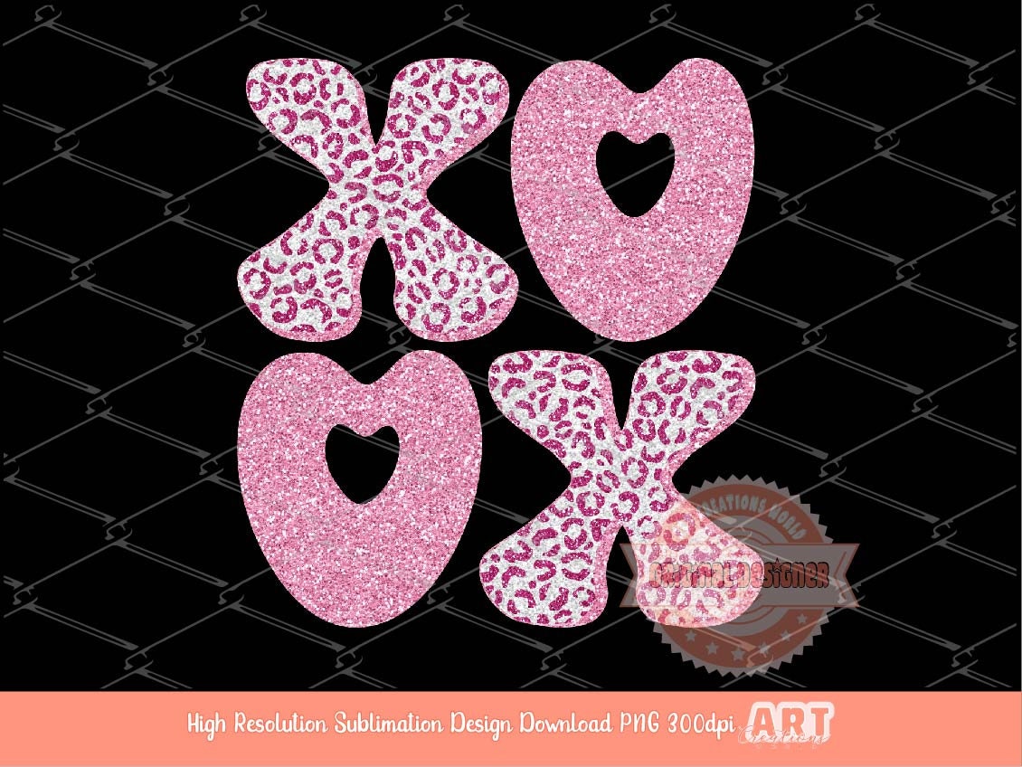 Xoxo Pink Glitter Leopard PNG, Original Glam sparkle Pastel Pink Valentines Day Png Sublimation & DTF Print Valentine shirt Design Download