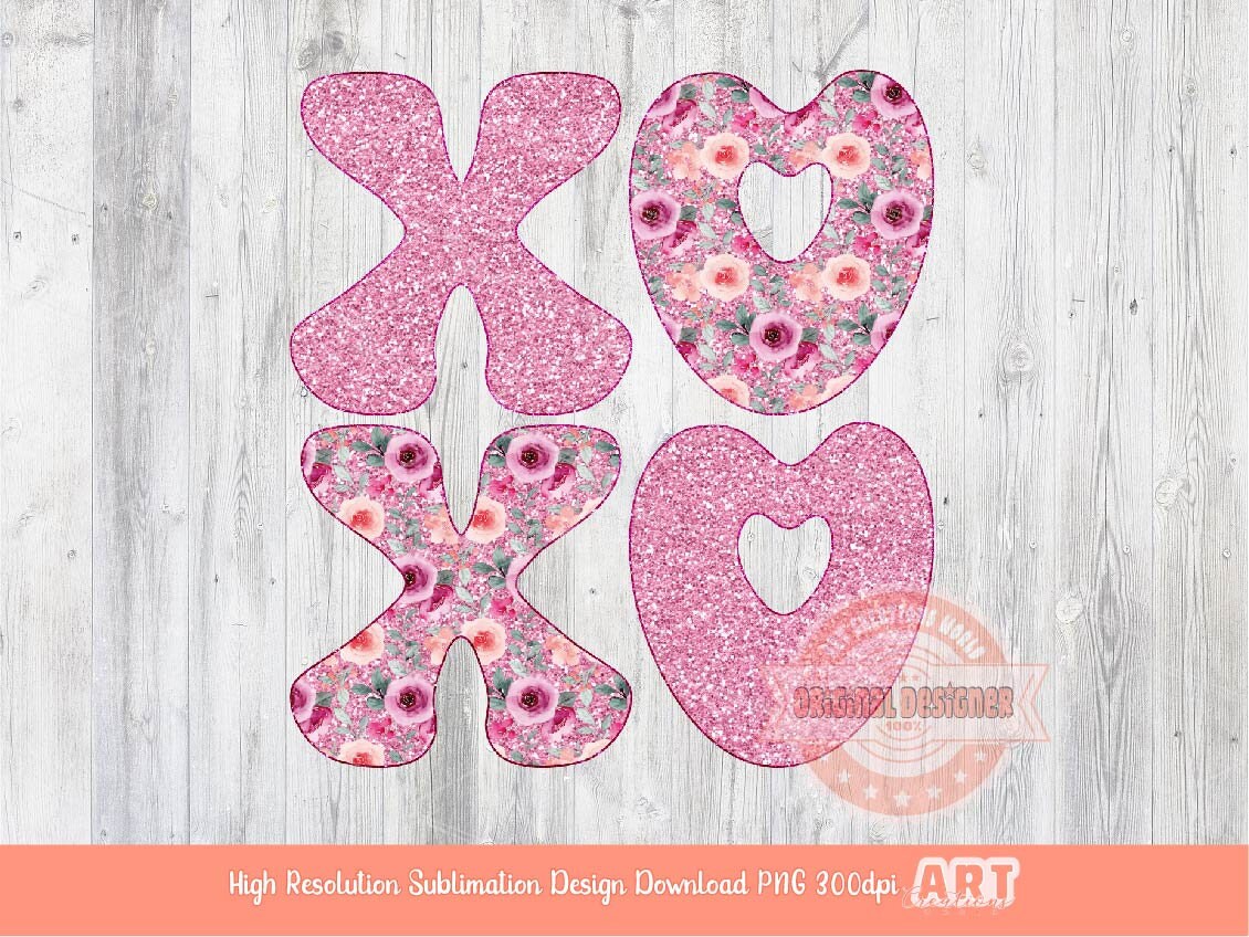 Xoxo Pink Floral Glitter PNG, Original Glam Pink Love Flowers Valentines Day Png Sublimation & DTF Print Valentine shirt Design Download
