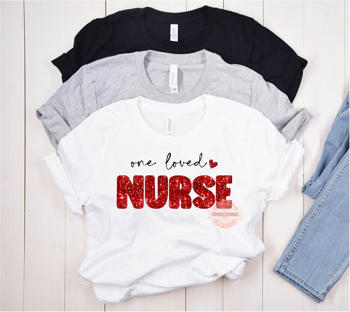 One Loved Nurse Glitter PNG, Red Disco Sequin Heart Love Nurse Valentines Day Png Sublimation & DTF Print Valentine T shirt Design Download