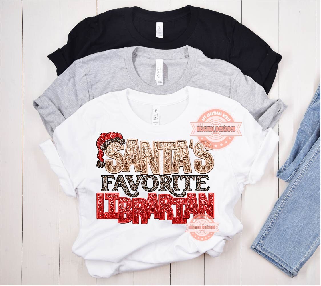 Santa's Favorite Librarian Sequin PNG, Original Christmas Librarian Faux Embroidery with Glitter Red and Leopard Sublimation Design Download
