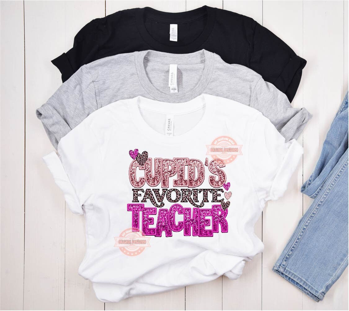 Cupid's Favorite Teacher Sequin PNG, Pink Valentine Faux Embroidery Glitter Leopard T shirt Design, Happy Valentine's Day Png Sublimation