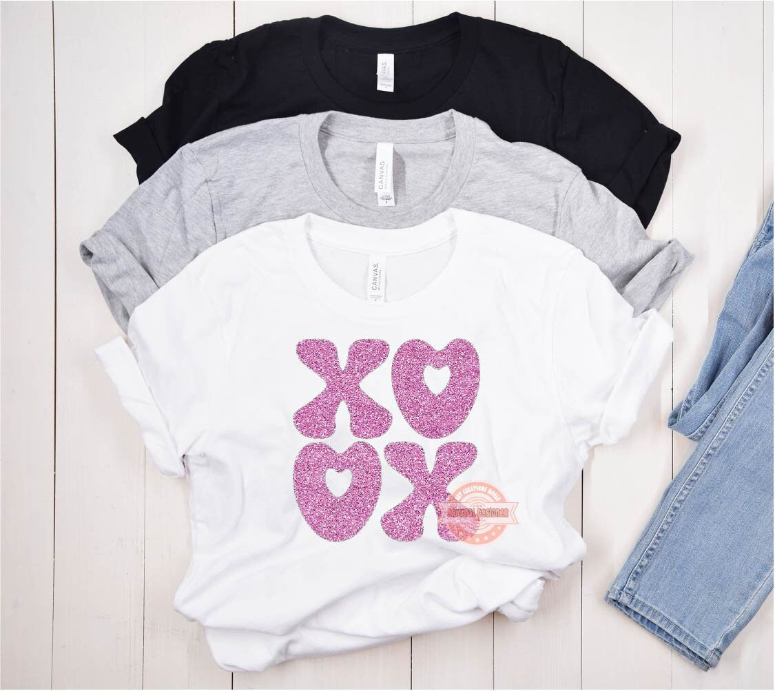 Xoxo Pink Glitter PNG, Original Glam sparkle Pink Heart Love Valentines Day Png Sublimation & DTF Print Valentine T shirt Design Download