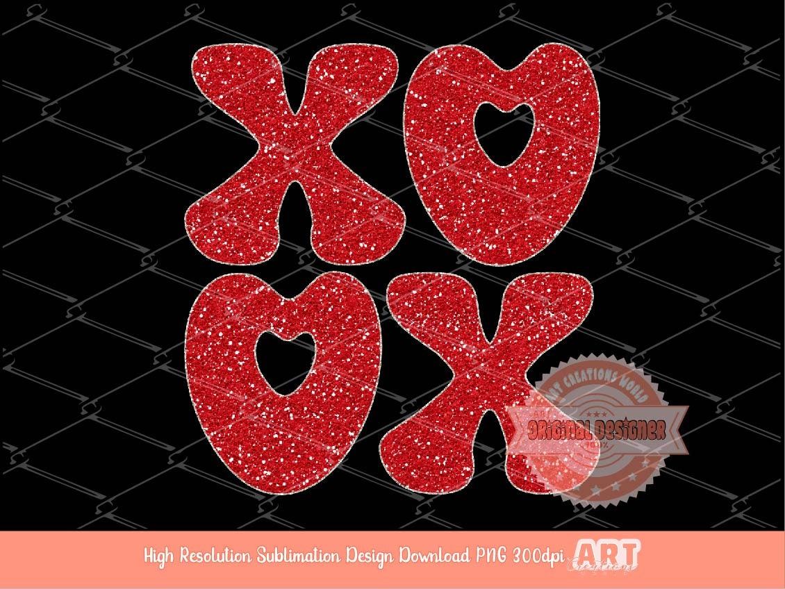 Xoxo Red Glitter PNG, Original Glam sparkle Heart Love Valentines Day Png Sublimation & DTF Print Valentine T shirt Design Download