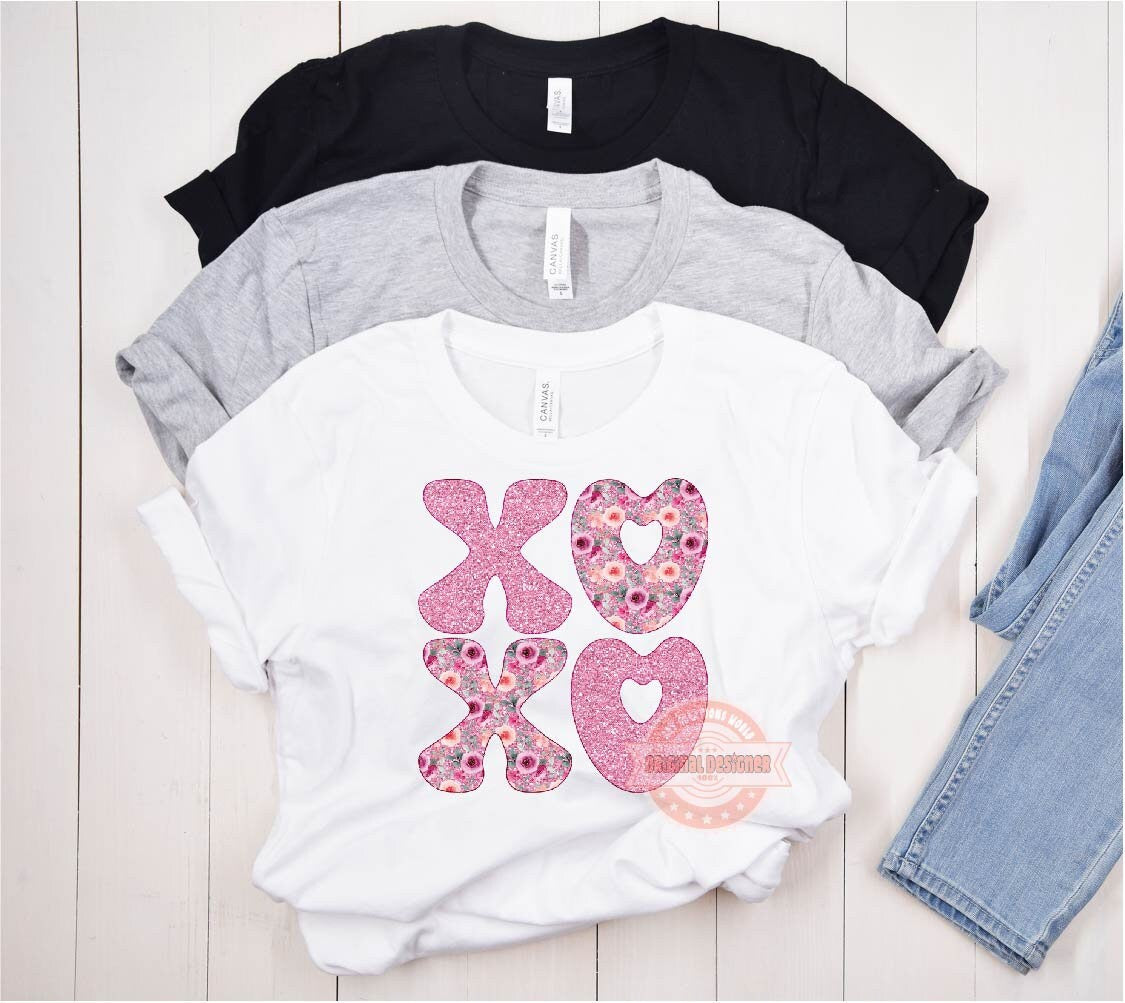 Xoxo Pink Floral Glitter PNG, Original Glam Pink Love Flowers Valentines Day Png Sublimation & DTF Print Valentine shirt Design Download