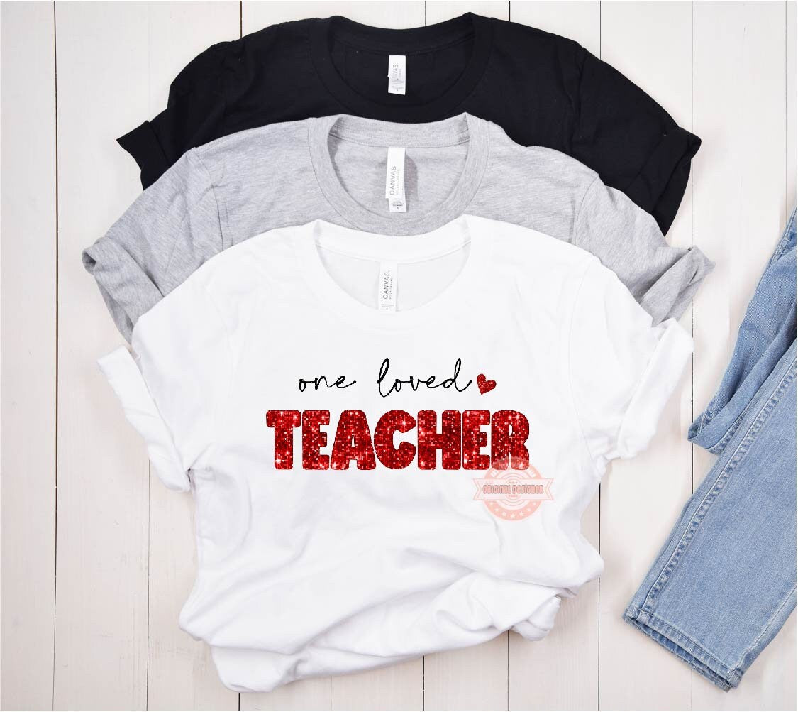 One Loved Teacher Glitter PNG, Red Disco Sequin Heart Love Teacher Valentines Day Png Sublimation & DTF Valentine T shirt Design Download