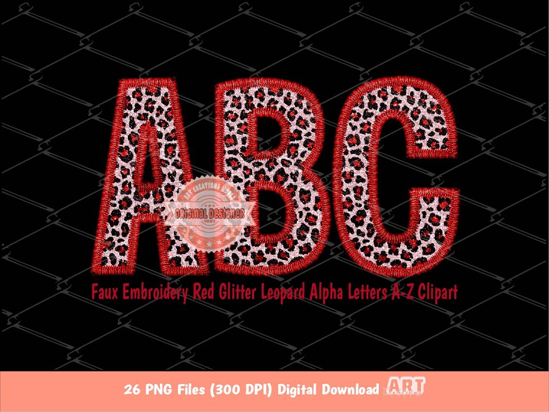 Faux Embroidery Red Glitter Leopard Letters PNG, Cheetah Print Valentine Alpha Set Clipart, Red Alphabet Sublimation & DTF Downloads