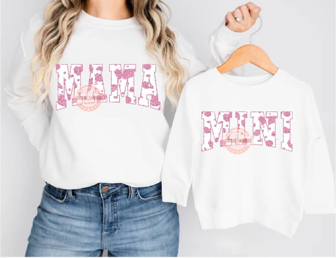Mama Mini Pink Glitter Cow Print PNG, Cute Mommy and me Varsity Shirt Design, Matching Mother & Daughter Sublimation Png Digital Download