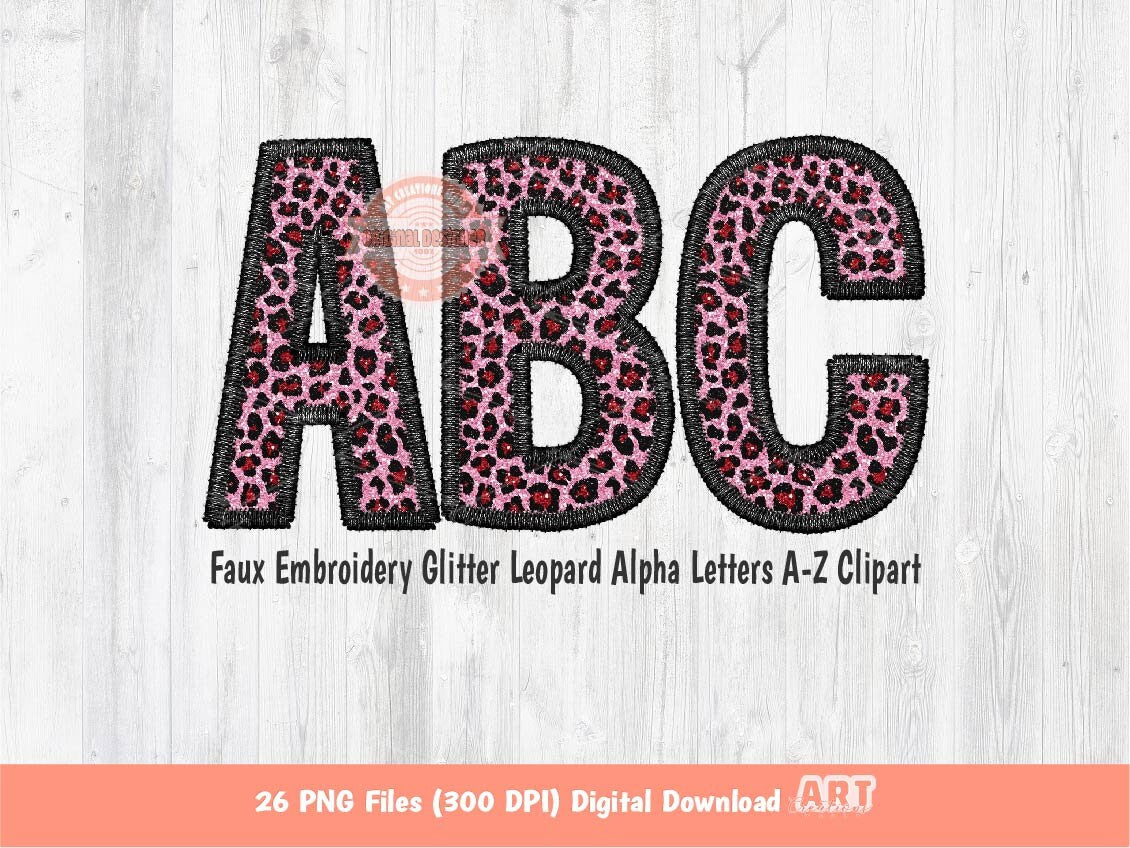 Faux Embroidery Red Pink Glitter Leopard Letters PNG, Cheetah Print Valentine Alpha Set Clipart, Cute Alphabet Sublimation & DTF Downloads