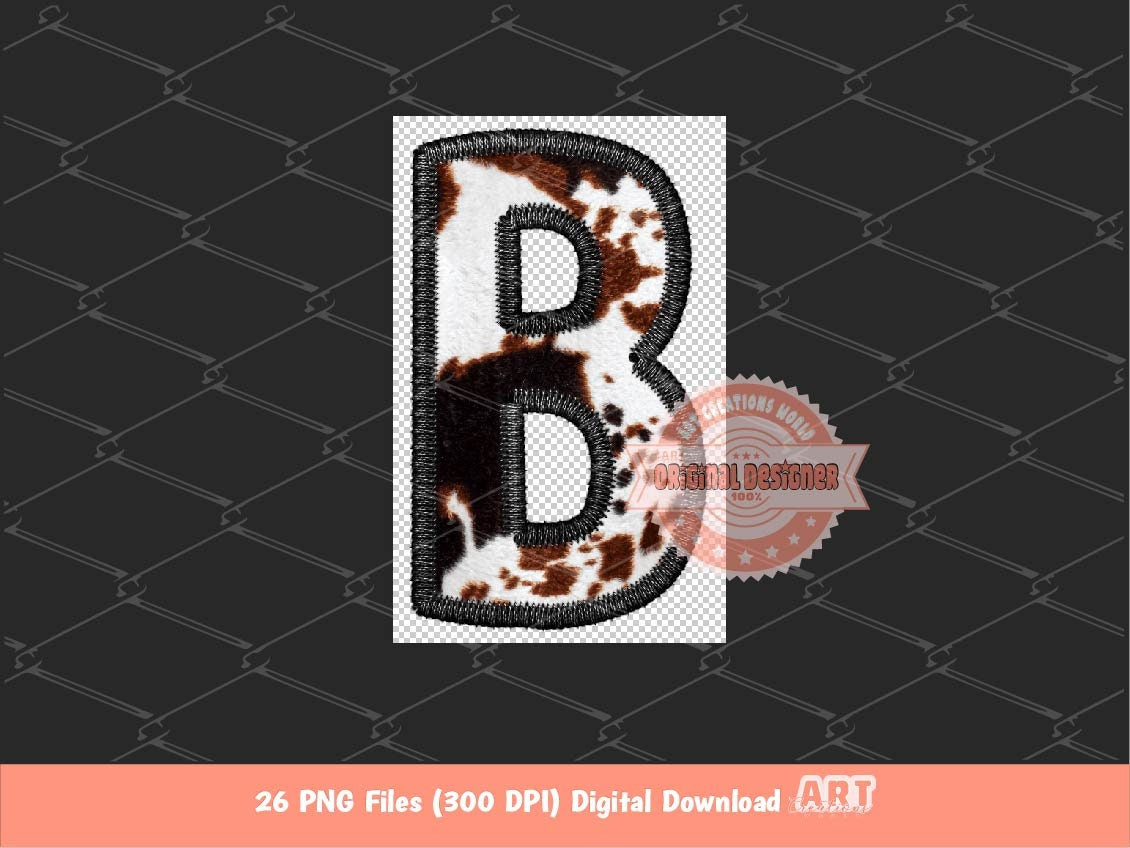 Faux Embroidery Cowhide Letters PNG, Black & Brown Cow Print Western Alpha Set Clipart, Cowboy Cowgirl Alphabet Sublimation Digital Download
