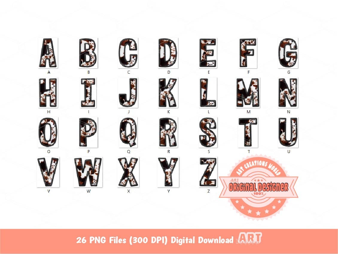 Faux Embroidery Cowhide Letters PNG, Black & Brown Cow Print Western Alpha Set Clipart, Cowboy Cowgirl Alphabet Sublimation Digital Download