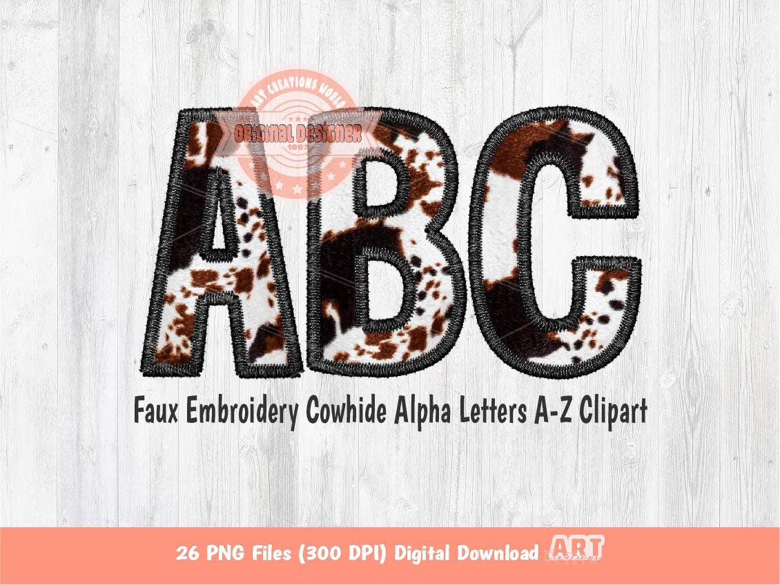 Faux Embroidery Cowhide Letters PNG, Black & Brown Cow Print Western Alpha Set Clipart, Cowboy Cowgirl Alphabet Sublimation Digital Download