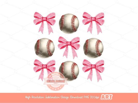 Coquette Baseball PNG, Watercolor Pink Ribbon Bows and Baseball balls PNG Sublimation Game Day Sport Mom T shirt Design Digital Download