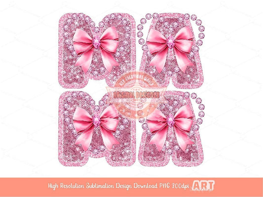 Coquette Mama PNG, Pink Glitter Sequin Mama with Ribbon Bow and Diamond Heart PNG Sublimation Cute Mom T shirt Design Digital Download