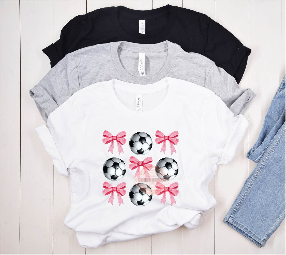 Coquette Soccer PNG, Watercolor Pink Ribbon Bows and Soccer balls PNG Sublimation Game Day Sport Mom T shirt Design Digital Download