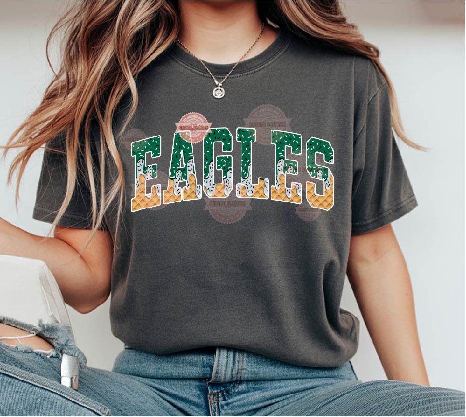 Eagles Green Grey Drip PNG, Arched Varsity Drippy Ice cream waffle Cone Mascot Sublimation Shirt Design