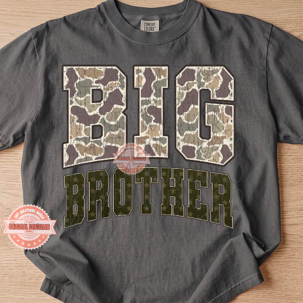Camo Big Brother PNG, Distressed Varsity Military Hunting Big Bro Sublimation Shirt Design
