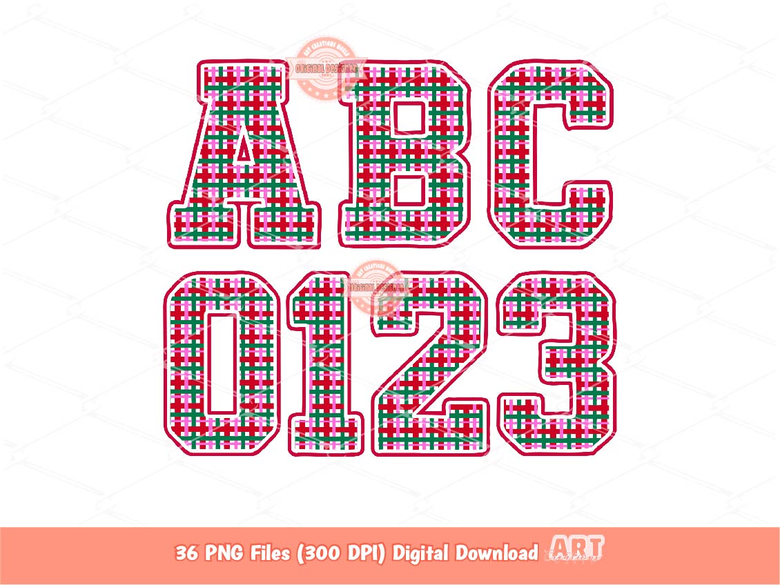 Preppy Christmas Plaid Alphabet PNG, Trendy Holiday Letters and Numbers Clipart, Red Green Pink Varsity Alpha Sublimation Bundle