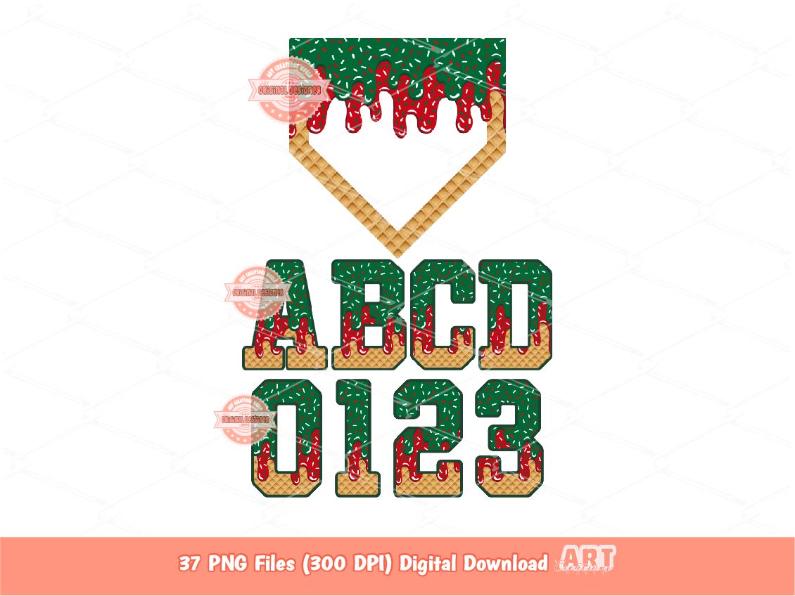 Drippy Varsity Christmas Alphabet PNG Bundle: Red & Green Letters Numbers and Home Plate Clipart (Digital Download)