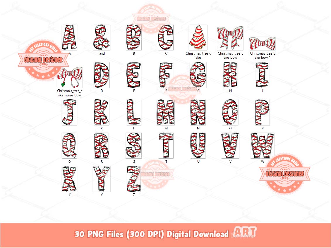 Christmas Tree Cake Alphabet PNG Bundle, Coquette Doodle Letters & Stethoscope Nurse Bow Clipart Download