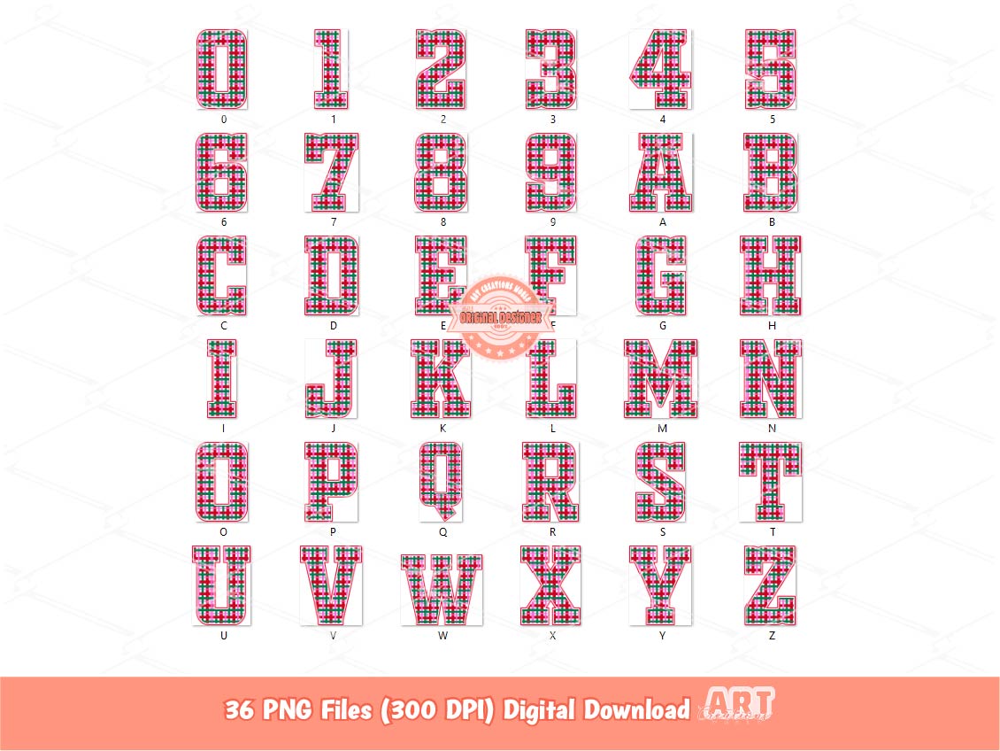 Preppy Christmas Plaid Alphabet PNG, Trendy Holiday Letters and Numbers Clipart, Pink Red Green Varsity Alpha Sublimation Bundle