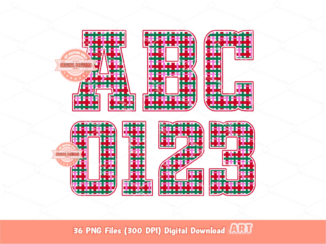 Preppy Christmas Plaid Alphabet PNG, Trendy Holiday Letters and Numbers Clipart, Pink Red Green Varsity Alpha Sublimation Bundle