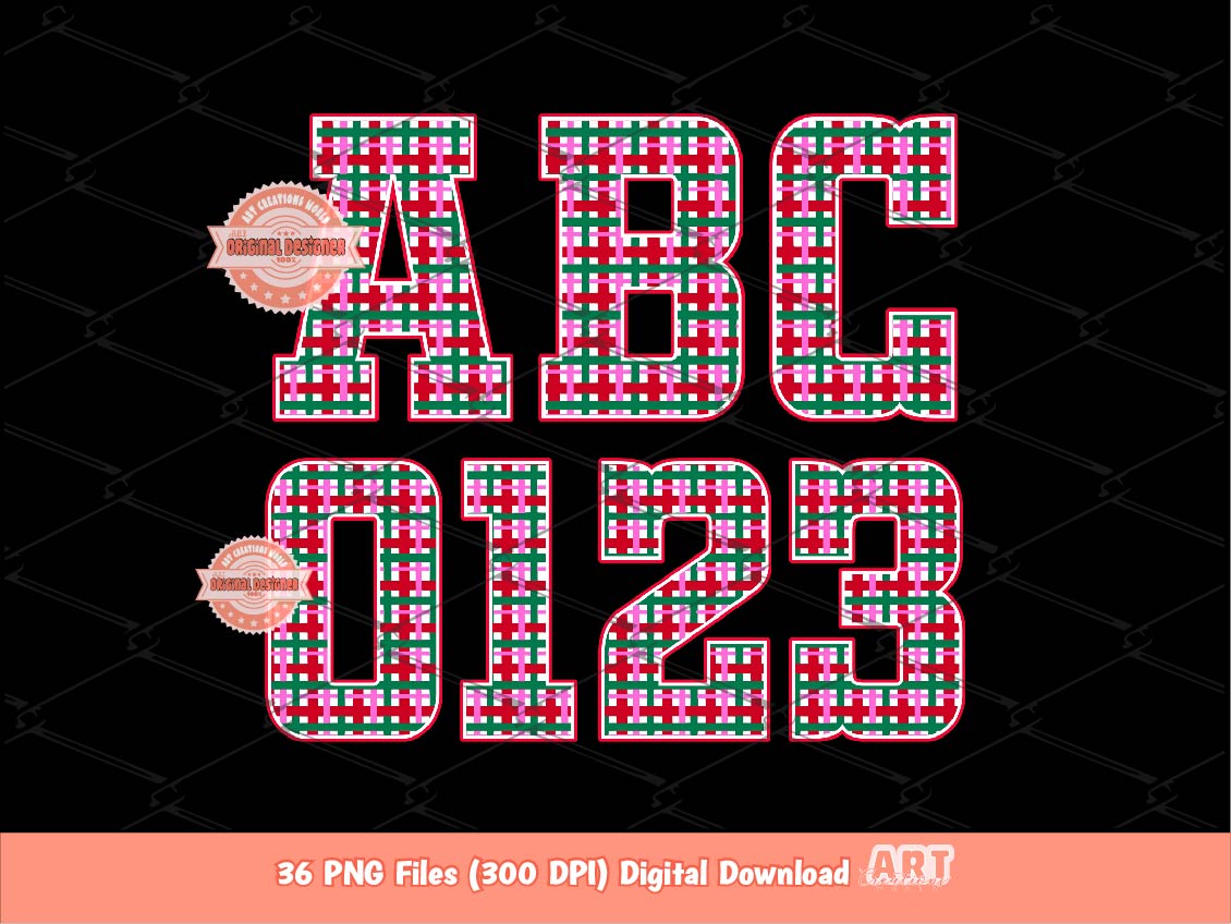 Preppy Christmas Plaid Alphabet PNG, Trendy Holiday Letters and Numbers Clipart, Pink Red Green Varsity Alpha Sublimation Bundle