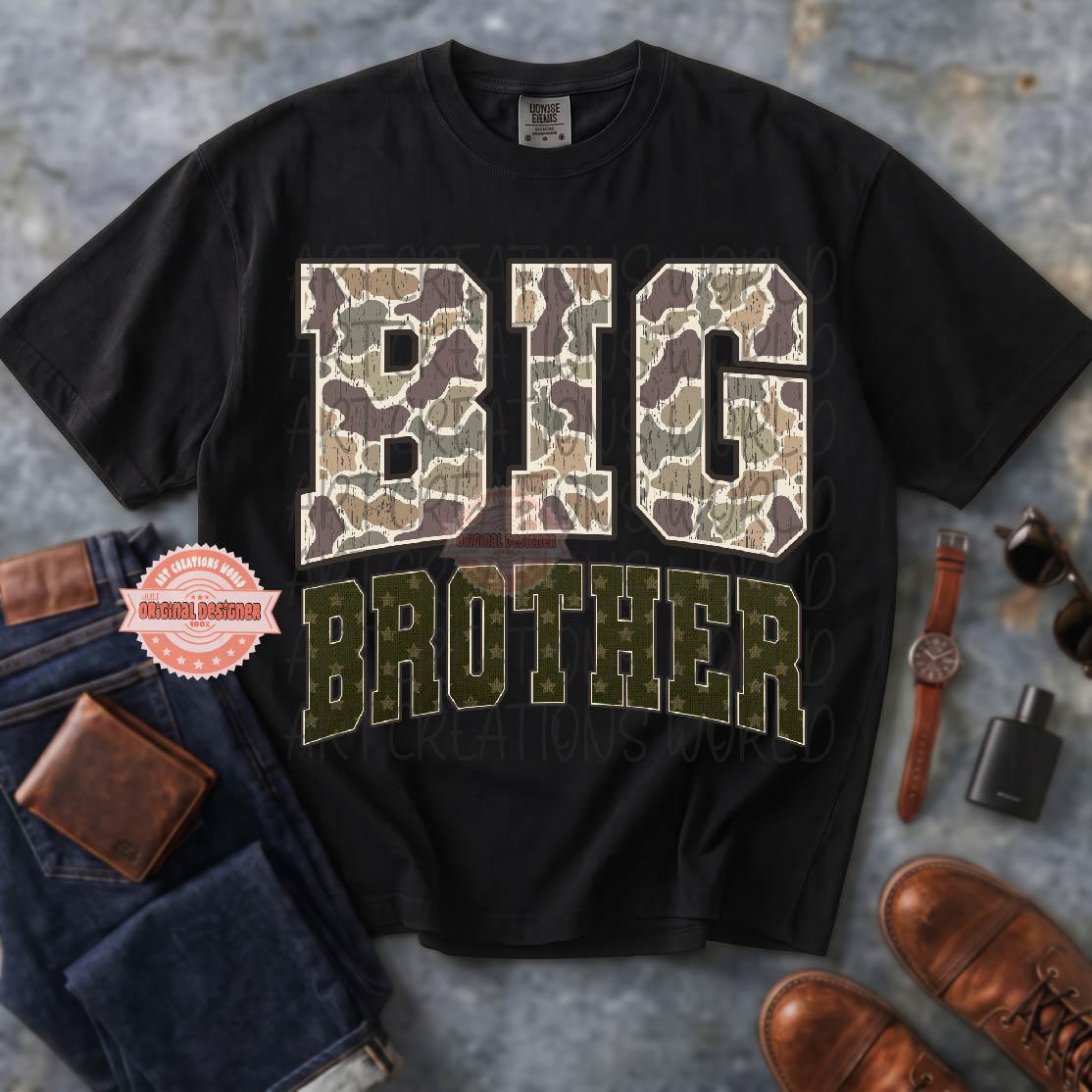 Camo Big Brother PNG, Distressed Varsity Military Hunting Big Bro Sublimation Shirt Design