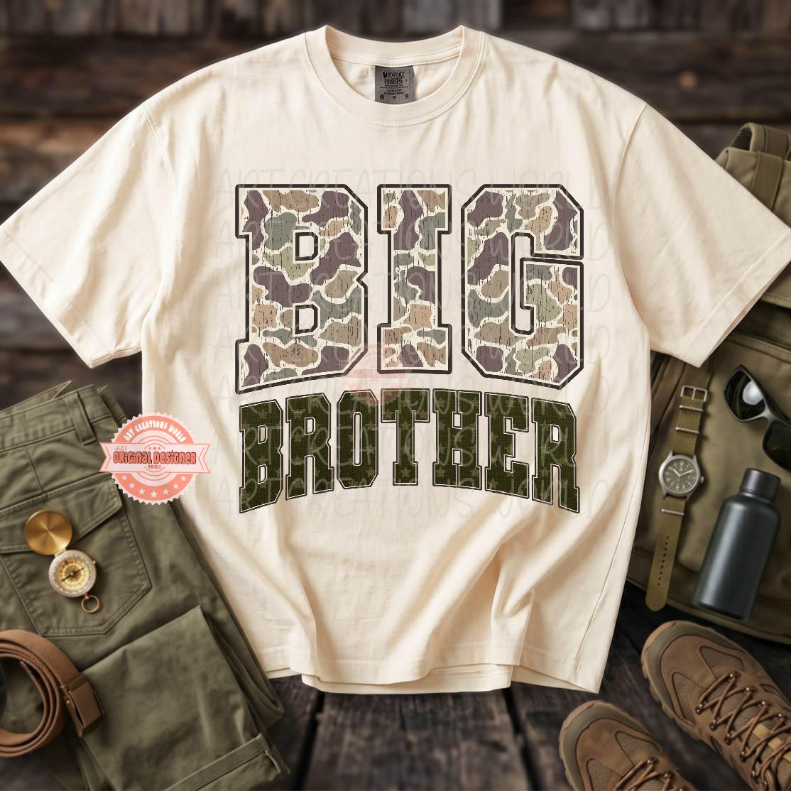 Camo Big Brother PNG, Distressed Varsity Military Hunting Big Bro Sublimation Shirt Design