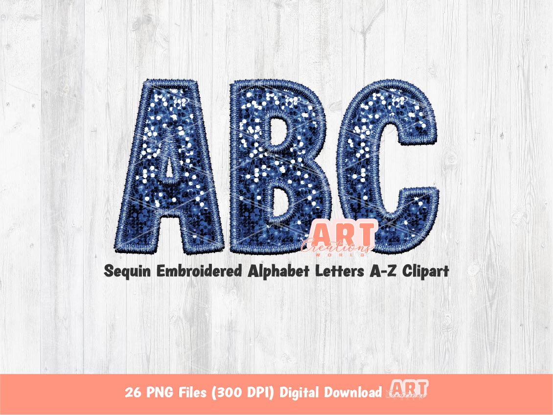 Navy Sequin Letters PNG, Faux Embroidered Navy Blue Glitter Sequins PNG Alphabet Set Clipart, Custom Team name Mascot colors Digital Download
