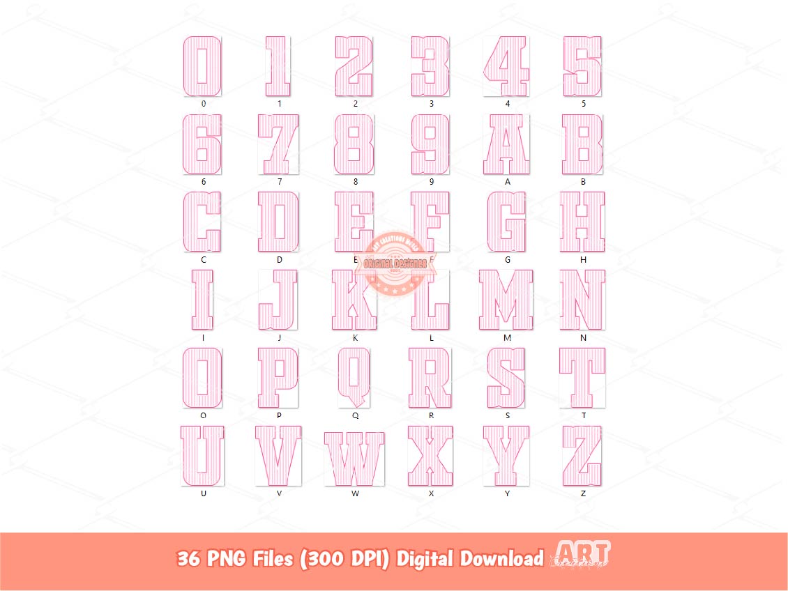 Pink Seersucker Stripes Alphabet PNG, Trendy Striped Letters and Numbers Clipart, Preppy Varsity Alpha Sublimation Bundle