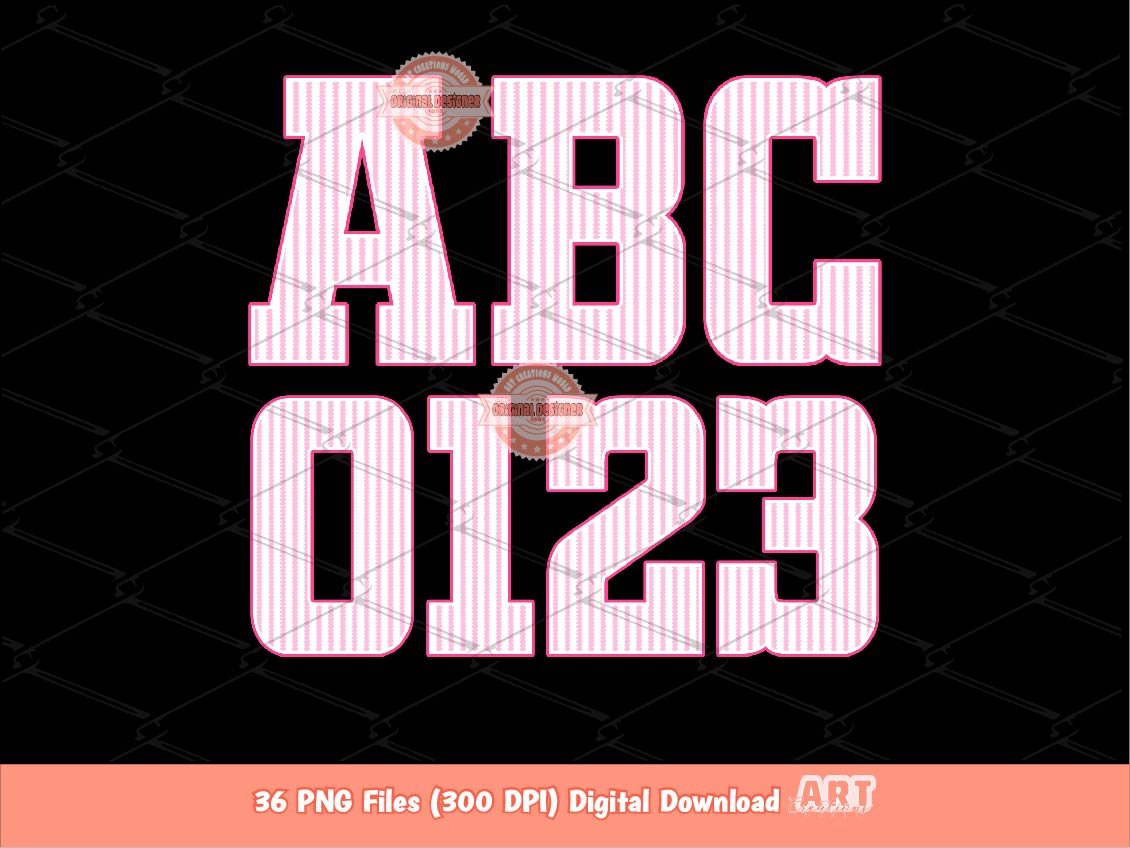 Pink Seersucker Stripes Alphabet PNG, Trendy Striped Letters and Numbers Clipart, Preppy Varsity Alpha Sublimation Bundle