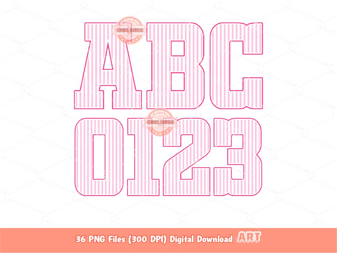 Pink Seersucker Stripes Alphabet PNG, Trendy Striped Letters and Numbers Clipart, Preppy Varsity Alpha Sublimation Bundle