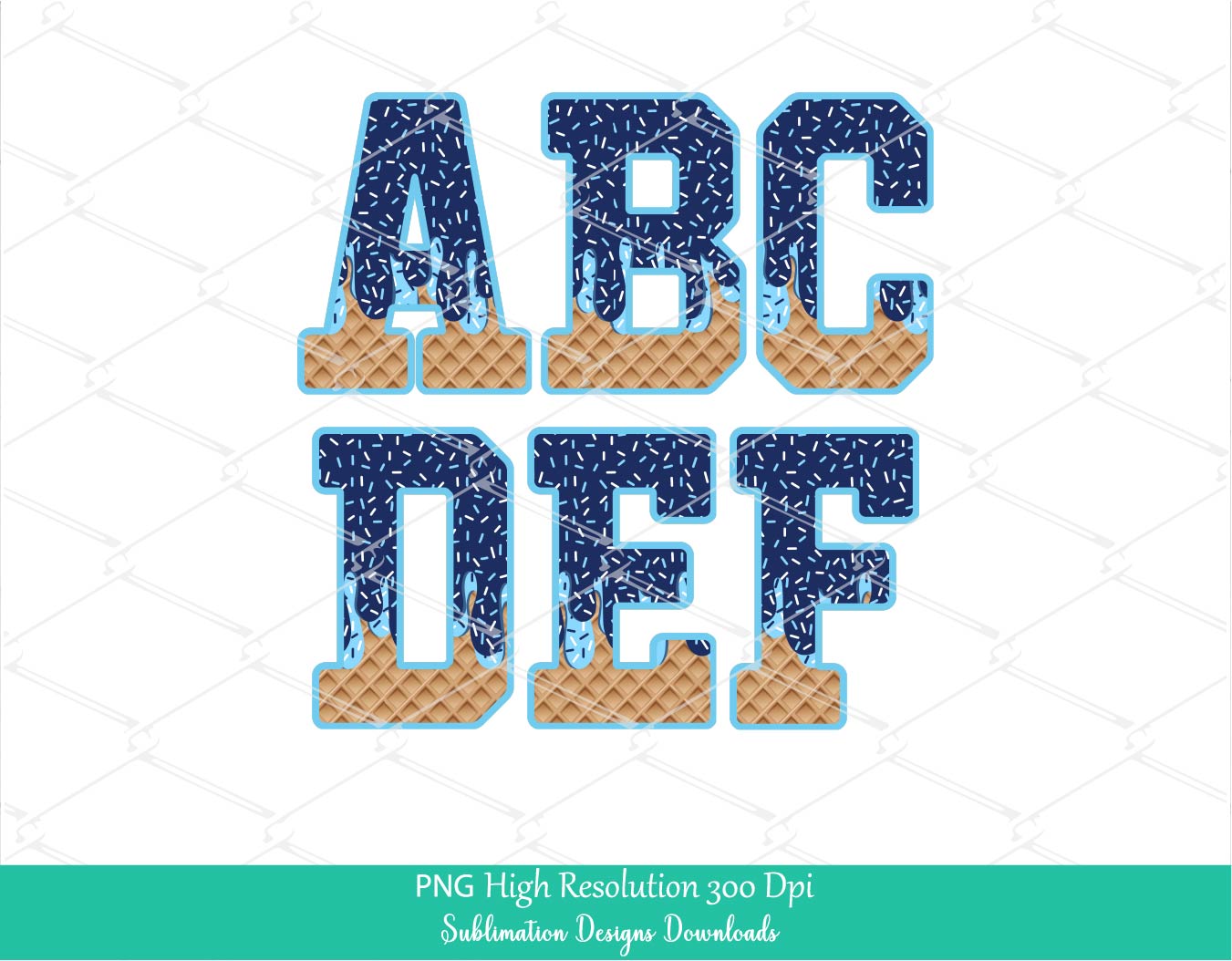 Navy & Light Blue Sprinkle Drip Alphabet PNG, Drippy Ice cream Cone Waffle Trendy Sport Baseball softball Letters clipart