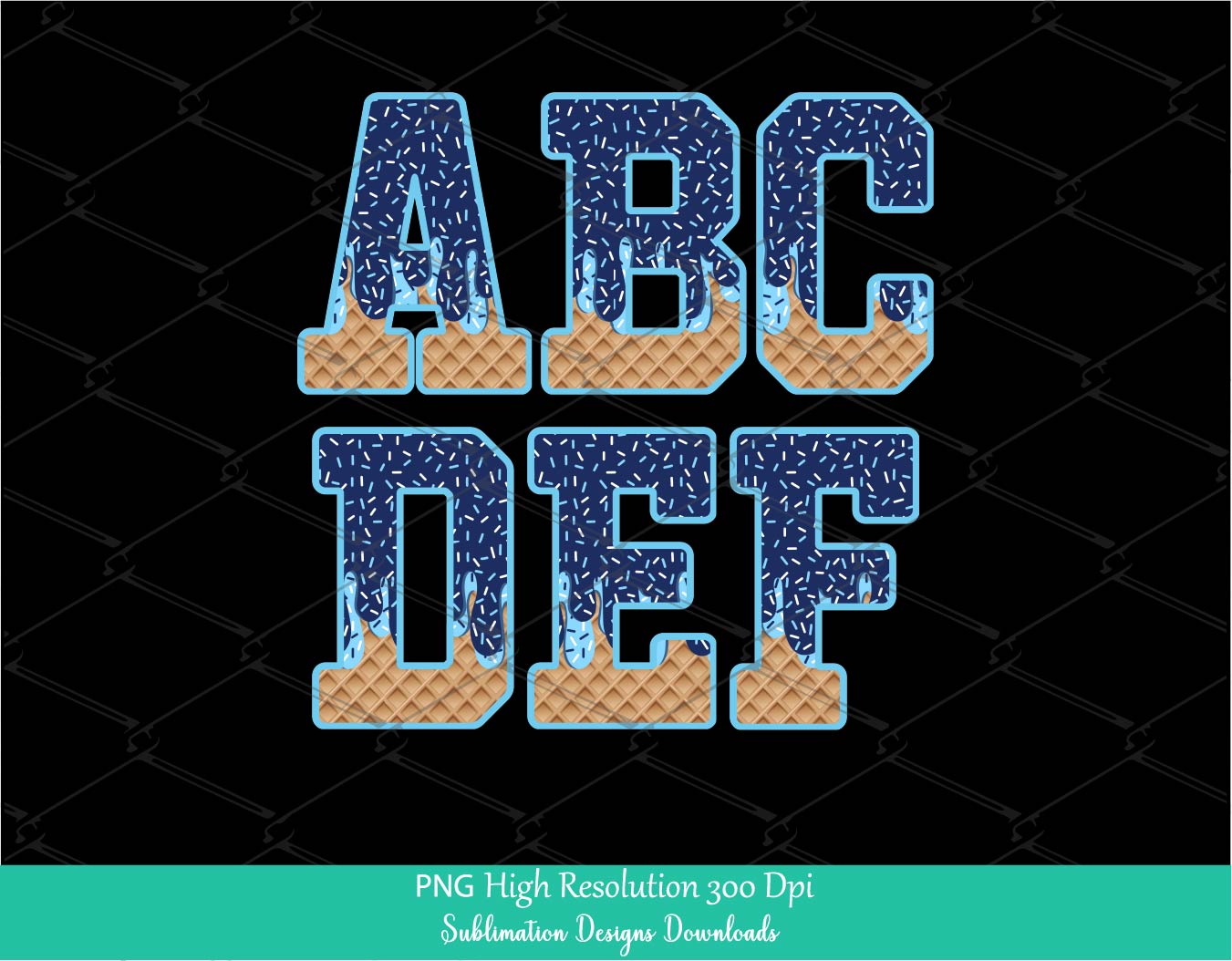 Navy & Light Blue Sprinkle Drip Alphabet PNG, Drippy Ice cream Cone Waffle Trendy Sport Baseball softball Letters clipart