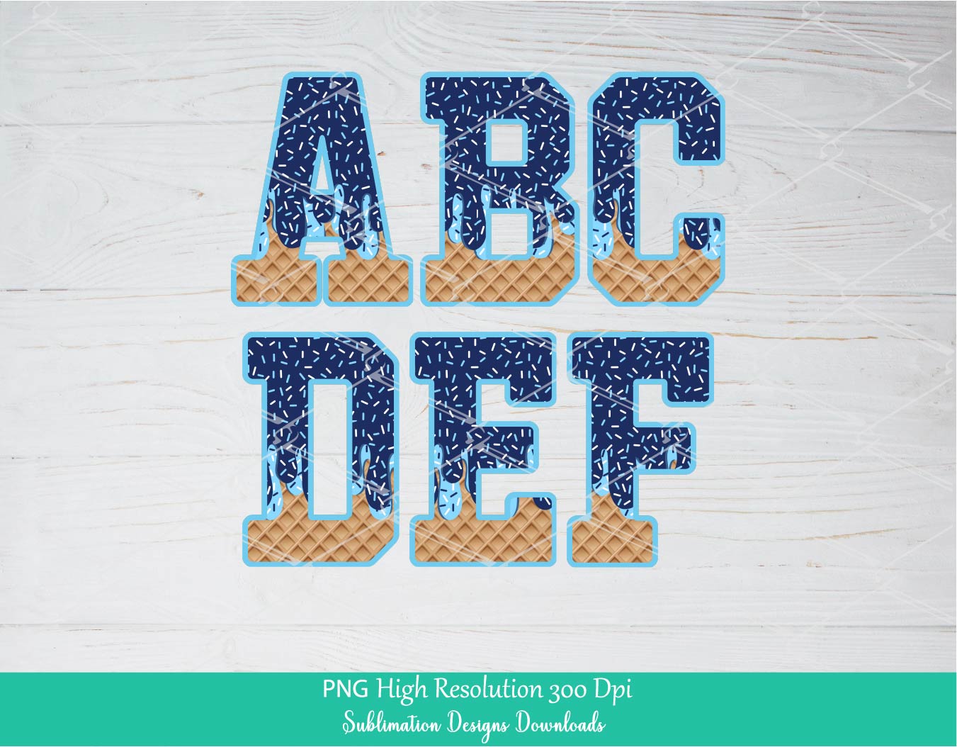 Navy & Light Blue Sprinkle Drip Alphabet PNG, Drippy Ice cream Cone Waffle Trendy Sport Baseball softball Letters clipart