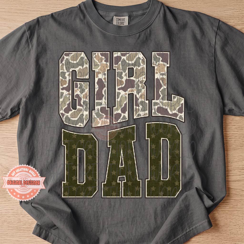 Camo Girl Dad PNG, Distressed Varsity Military Hunting Dad of Girls Sublimation Shirt Design