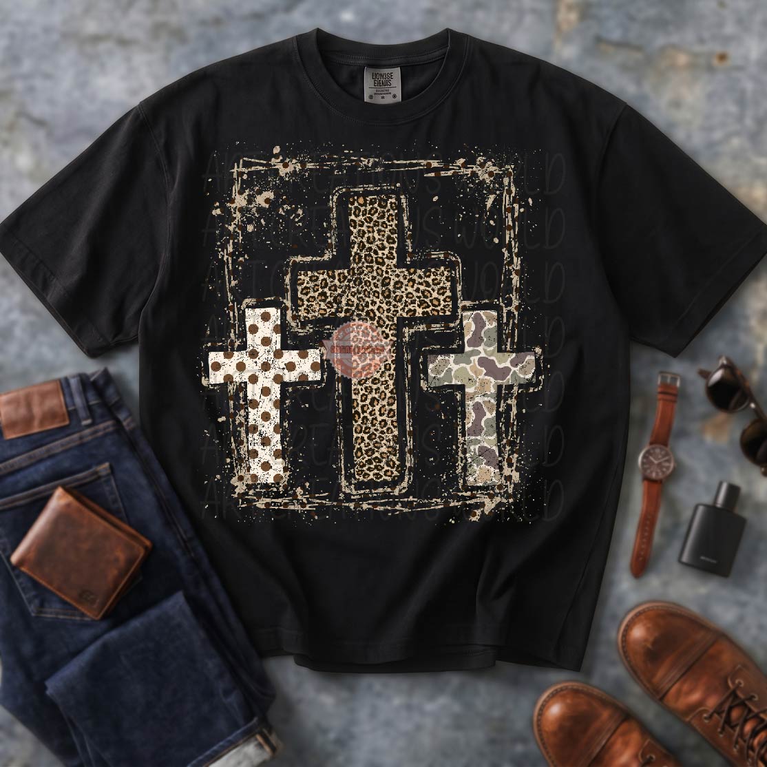 Leopard Cross PNG, Three Distressed Crosses Western Sublimation Design, Camo Cross Christian Faith Fall Shirt, Xmas Cheetah Polka Dot Cross
