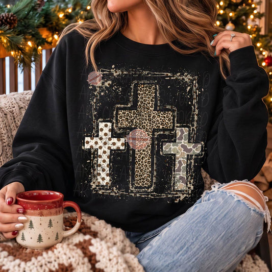 Leopard Cross PNG, Three Distressed Crosses Western Sublimation Design, Camo Cross Christian Faith Fall Shirt, Xmas Cheetah Polka Dot Cross