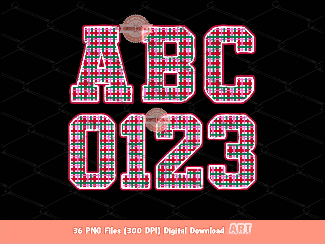 Preppy Christmas Plaid Alphabet PNG, Trendy Holiday Letters and Numbers Clipart, Red Green Pink Varsity Alpha Sublimation Bundle
