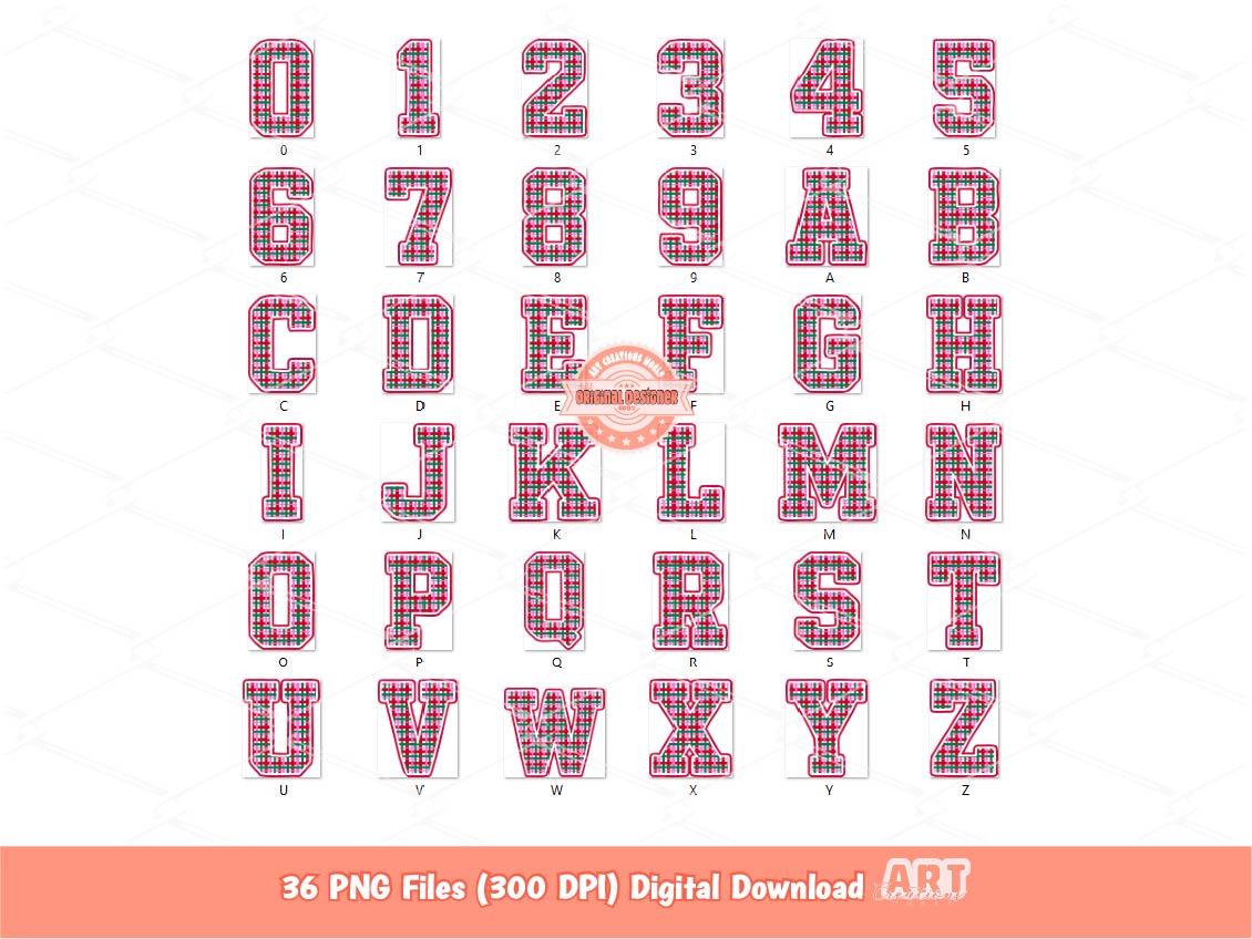 Preppy Christmas Plaid Alphabet PNG, Trendy Holiday Letters and Numbers Clipart, Red Green Pink Varsity Alpha Sublimation Bundle