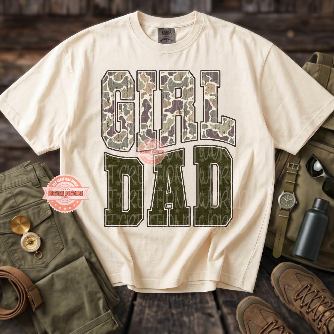 Camo Girl Dad PNG, Distressed Varsity Military Hunting Dad of Girls Sublimation Shirt Design