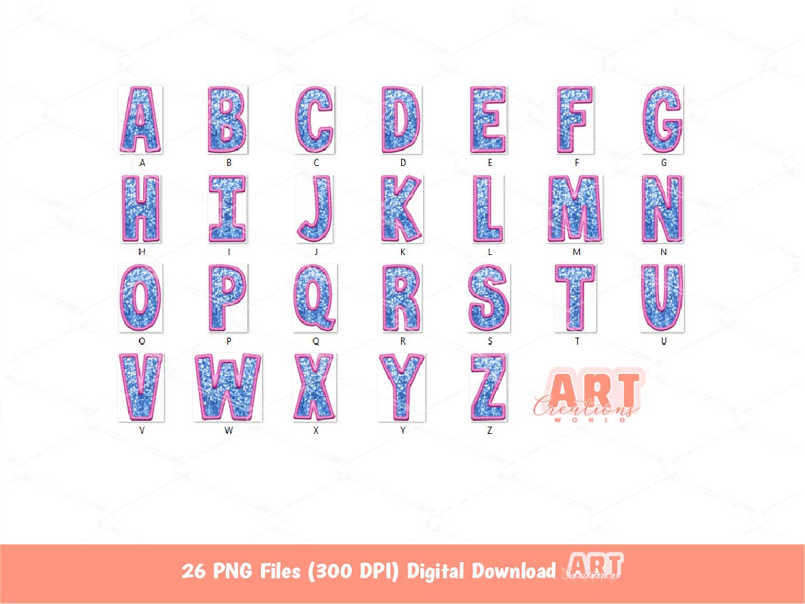 Pink Blue Sequin Letters PNG, Faux Embroidered Glitter Sequins PNG Alphabet Set Clipart, Boy Or Girl He Or She alpha A-Z Digital Download
