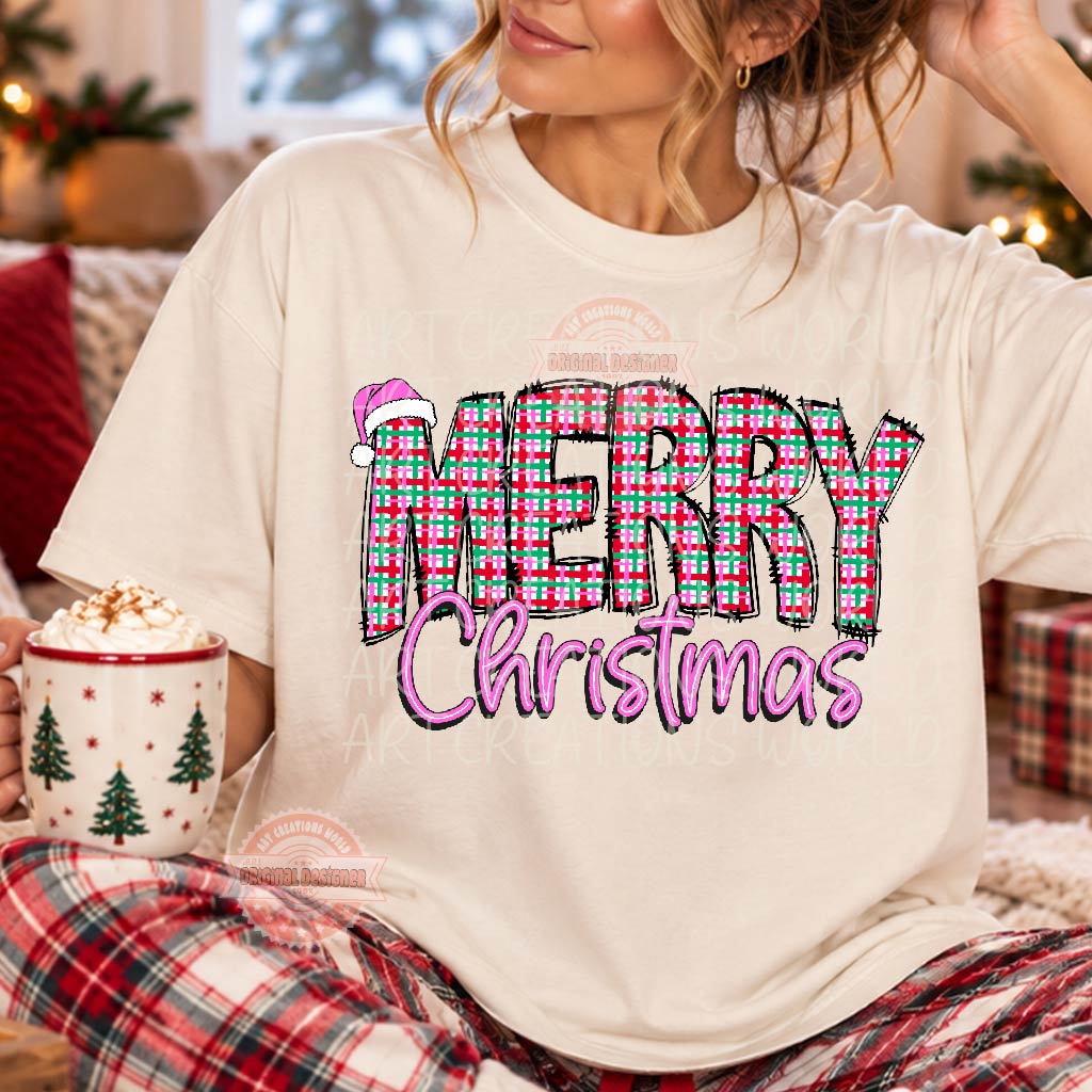 Merry Christmas Plaid PNG, Preppy Pink Xmas Sublimation Design, Retro Trendy Holiday Shirt Png