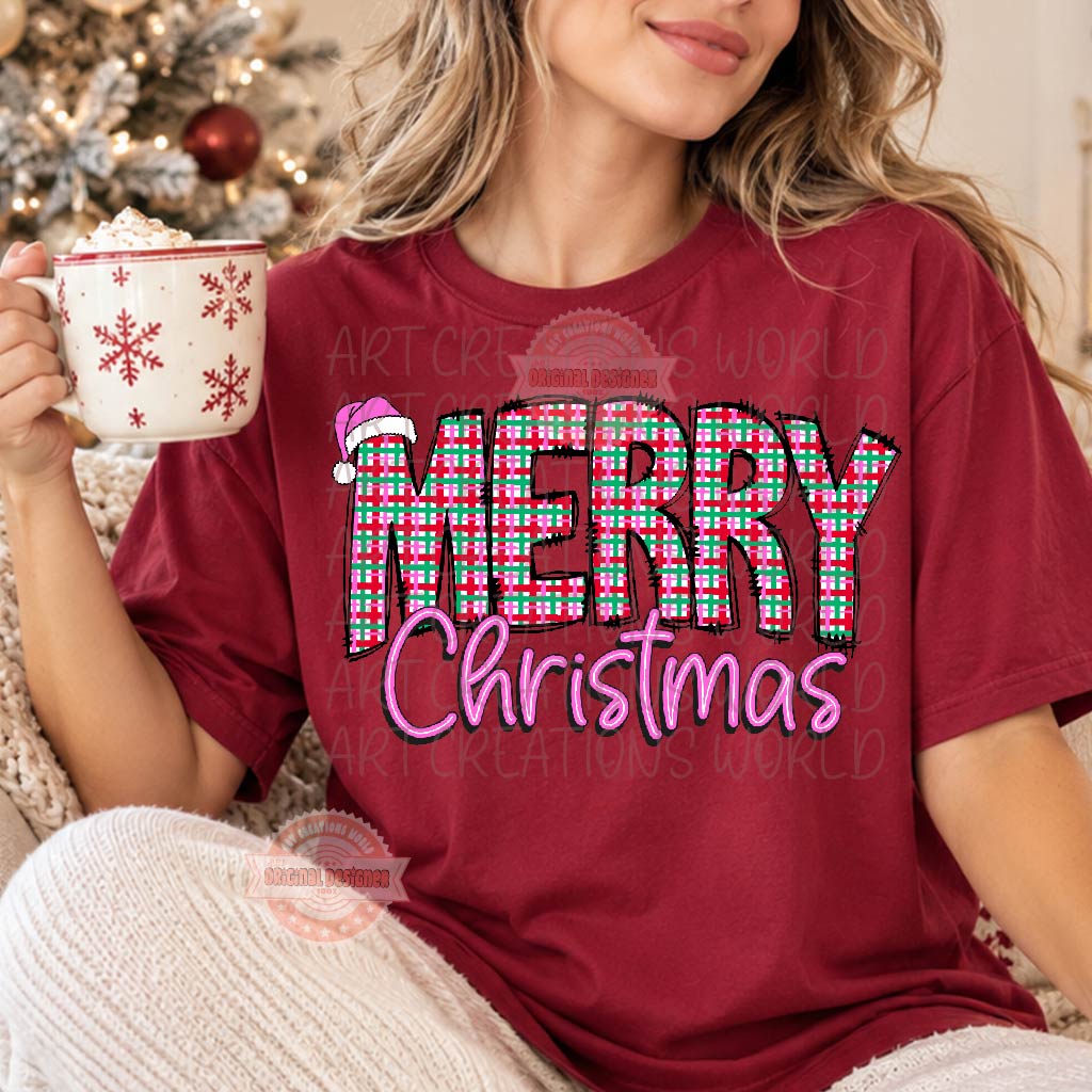 Merry Christmas Plaid PNG, Preppy Pink Xmas Sublimation Design, Retro Trendy Holiday Shirt Png