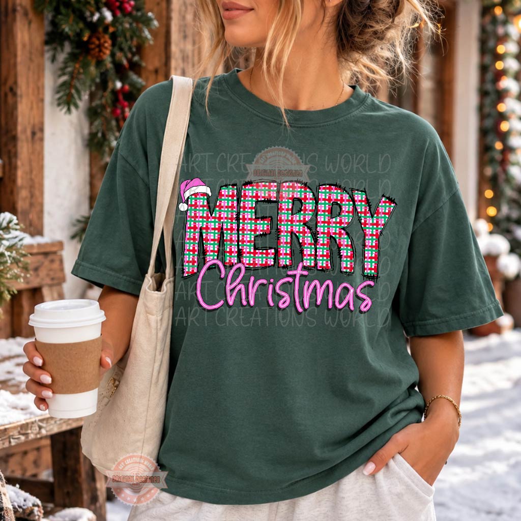Merry Christmas Plaid PNG, Preppy Pink Xmas Sublimation Design, Retro Trendy Holiday Shirt Png
