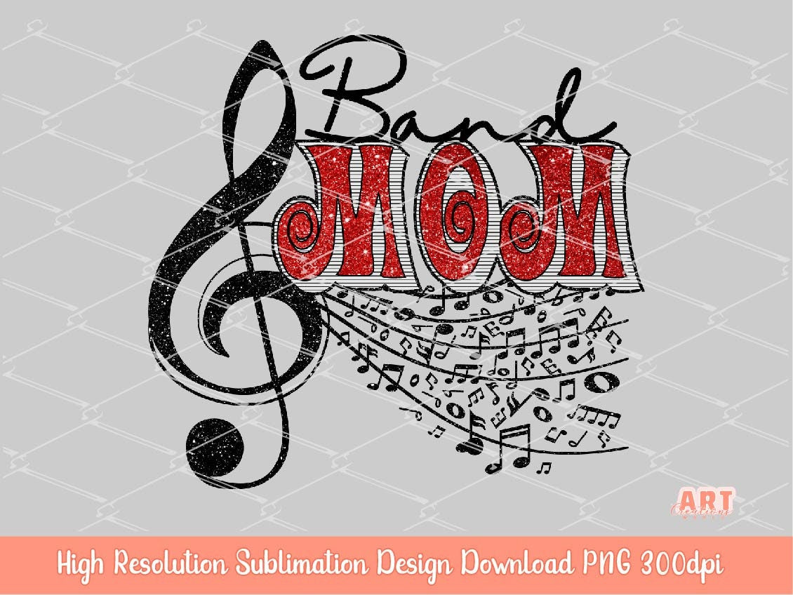 Band Mom PNG, Red Glitter Music Mama Sublimation Shirt Design (Digital Download)