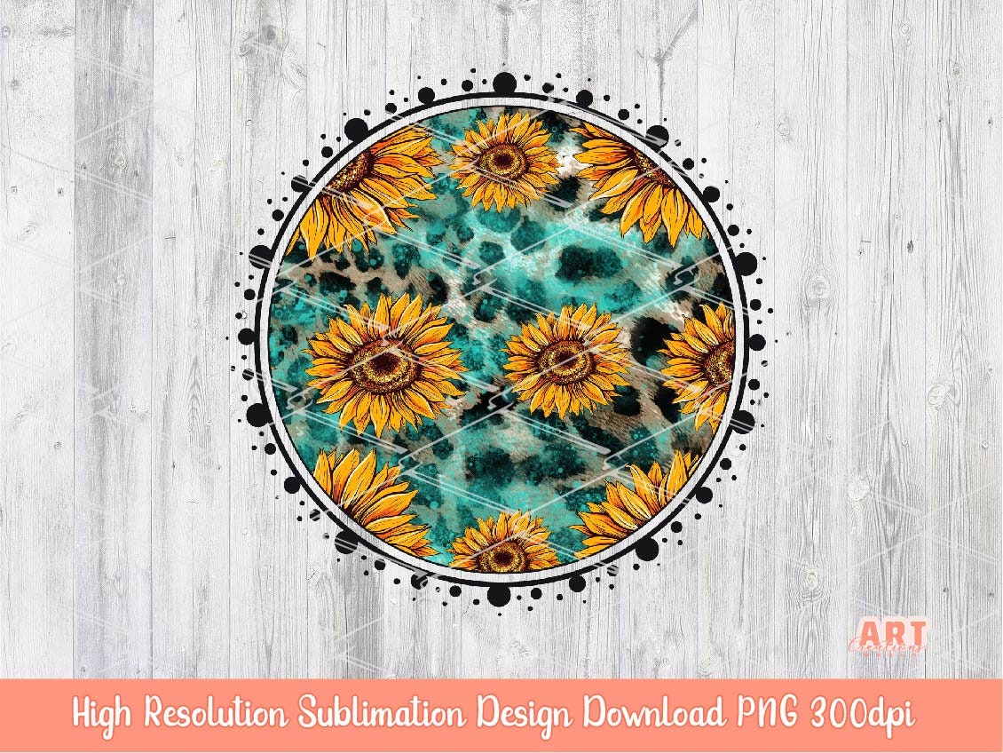 Sunflower Leopard Western PNG, Glitter Turquoise Circle Background Frames Clipart